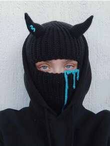 1pc Unisex Multi-Color Horn Balaclava Hat With Blood Stains Mask Warm Knitted Ski Cap Novelty Halloween Party Face Cover - 口罩款 - 查看 6