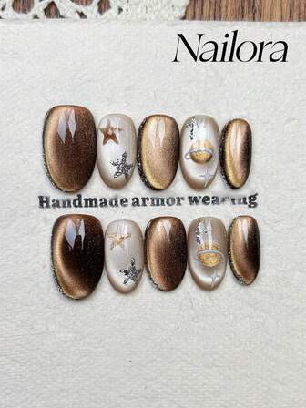 10 st handgjorda naglar ovala naglar konstgjorda press-on naglar korta naglar, minimalism bruna naglar, flashiga cateye naglar, handmålade stjärnmåne jupiter, glitterpulverkant, söta enkla eleganta lyxiga handgjorda naglar höstnaglar, höstpress-on naglar, mångsidiga naglar gör-det-själv lösnagelkonst fest dagligen och dejting användning strand tropisk semester lämplig återanvändbar, för kvinnor och flickor som present nageltillbehör