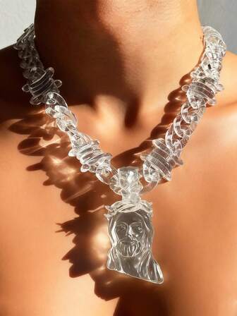 1 件耶稣肖像吊坠项链，配透明多色亚克力荆棘链，适合男士