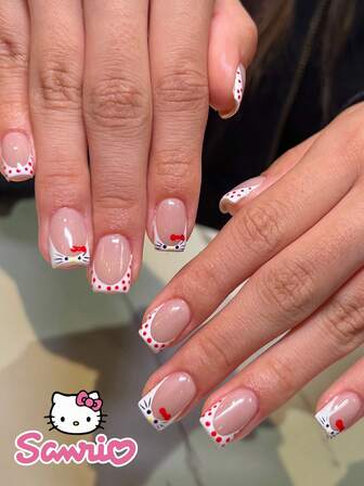 Sanrio 24PCS Short Square Fake Nail HelloKitty White French Red Polka Point Cute Chrome Alloy Acrylic Press On Nails Gel Nail Art Nail Set (Attached: A Piece Of Jelly Gel And File) Suitable For Women's Daily Dating Party