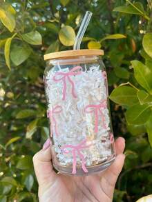 1 Set Bow Tie Iced Coffee Matcha Glass Drinking Cup, (Includes Bamboo Lid And Straw), High-Temperature Baked Printing, Cold Drink Juice Straw Cup, Hot Drink Straw Cup, Outdoor Travel Portable Large Capacity Water Cup, Exquisite And Cute Milk Tea Cup, High-Quality Juice/Coffee Cup, Suitable For Summer/Autumn/Winter - Best Gift Choice