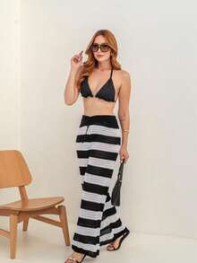 Beach Cover-Up Pants, Drawstring, Striped, Crochet, Blogger Style, Luxury Knitwear, Elegant, Women's Fashion, Summer, Casual, Beach Vacation - 咖啡棕 - 查看 8