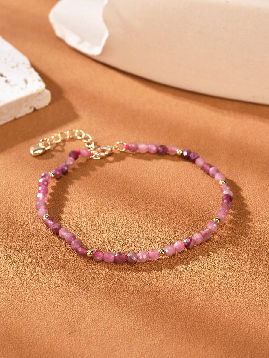 1pc 18K Gold Plated Natural Pink Beryl Faceted Bead Bracelet - Pink Tourmaline - View 1
