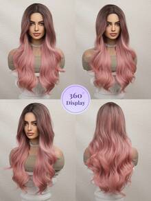 26 Inch Wavy Butterfly Hairstyle Wig With Bangs, Synthetic Fiber Wig, For Women/Girls - Pink Ombre - View 3