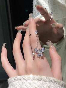 1個假珍珠,立方氧化鋯和蝴蝶裝飾可調節指開戒指,適用於女性 - 銀色 - 查看 5