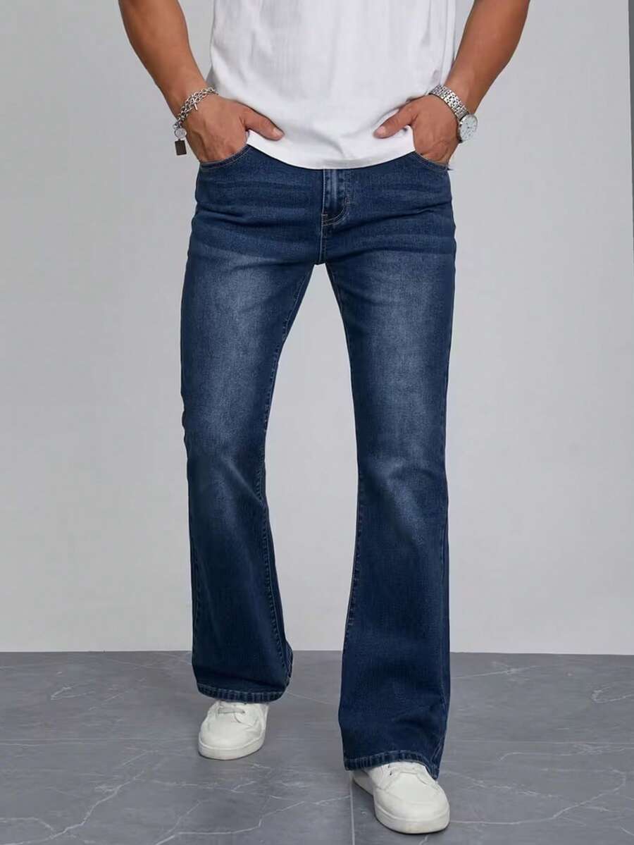 男士修身直筒喇叭牛仔裤，休闲时尚，日常穿着 - 中等水洗藍 - 查看 1
