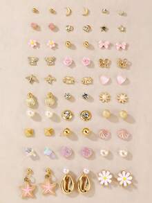 Set de 30 piezas de aretes con diseños de fresa, cereza, lazo, y corazón de la serie de vacaciones del océano, accesorios versátiles de uso diario como regalo para mujeres - Multicolor - Ver 14