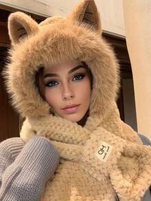1pc Autumn/Winter Plush Warm Hat & Scarf Set - Thickened Riding Scarf With Ear Muffs And Cute Animal Pattern. Essential Autumn/Winter Item, Perfect Holiday Gift, Especially Suitable For Valentine's Day. - Multicolor - View 1