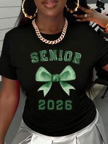 Senior 2026 Green Bow T Shirt Women's Graduation Class Of 2026 White Tee Shirt College Senior Year Gift For Girls - 黑色 - 查看 2