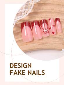 24pcs Acrylic French Manicure Medium Square Press-On Nails Set, Y2K Red Heart Shaped Artificial Nails, Suitable For Nail Salons, Teenage Girls And Women For Daily Wear And Holiday Party Decoration, Gift Set