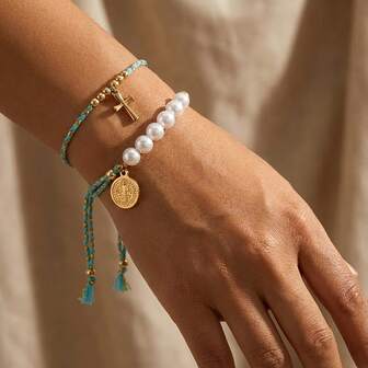 1PC Bohemian Simple Copper Bead Bracelet, Jesus Bracelet, Faux Pearl Bracelet, Adjustable Braided Rope Bracelet, Lucky Bracelet, Stackable Bracelet, Couple Bracelet, Birthday Gift, Family Gift, Valentine's Day Gift, Christmas Gift, Christian Gift, Anniversary Gift