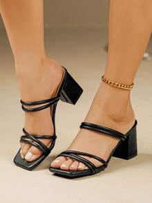 2026 Nuevas sandalias elegantes de tacón grueso antideslizantes para mujer, para primavera/verano, de punta abierta, de material de cuero, con diseño de múltiples correas, punta cuadrada, tacón bajo, elegantes y sexys, adecuadas para la oficina, el uso diario y fiestas/galas - Negro - Ver 5