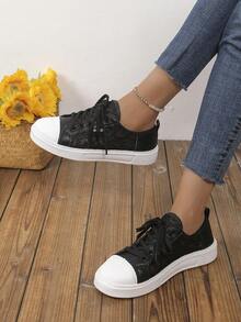 Zapatos casuales de moda para mujer, zapatillas blancas cómodas con cordones, transpirables y ligeras con diseño hueco, zapatos deportivos de running con suela blanda y ligera, zapatos blancos de mujer elegantes de moda con patchwork de malla de encaje, zapatos planos casuales para caminar a diario, zapatos de entrenamiento para gimnasio - Negro - Ver 4