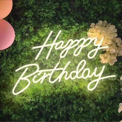1 pieza Letrero de neón amarillo cálido con la frase "Feliz Cumpleaños" escrita a mano. Potenciador de ambiente para fiesta de cumpleaños. Alimentado por USB. Adecuado para decoración de fiesta de cumpleaños. Luz ambiental. Regalo para amigos.
