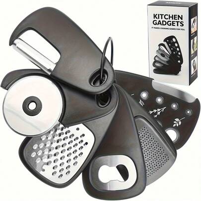 Juego de 6 utensilios de cocina de acero inoxidable, adecuado para camping y uso al aire libre, incluye cortador de pizza, pelador de frutas, quitador de hierbas, abridor de botellas, rallador, molinillo