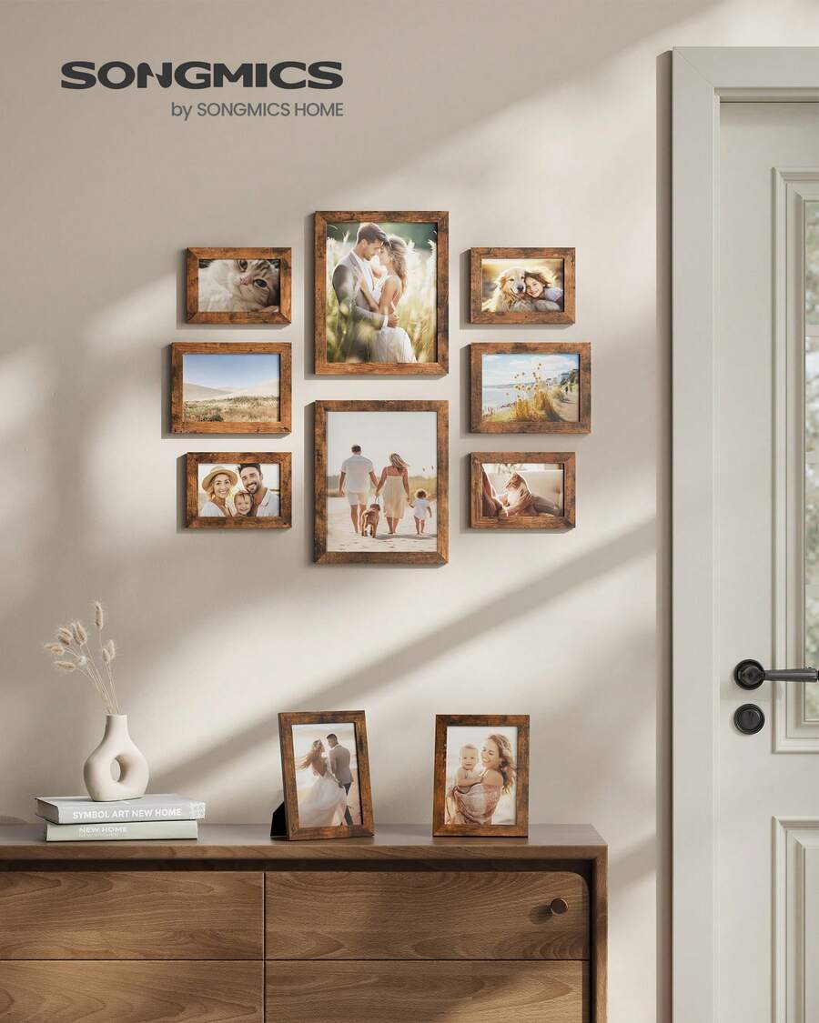 SONGMICS Picture Frames, Collage Picture Frames Set Of 10, Two 8x10, Four 5x7, Four 4x6, Photo Frame For Wall Gallery Decor, Table Display, Glass, Rustic Brown - 黃棕色 - 查看 1