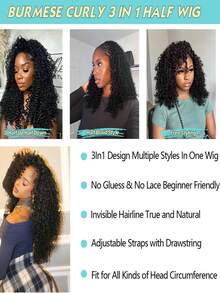 34 Inch Glueless Wigs Human Hair Half Wig Upgrade 3 IN 1 Half Wig With Drawstring Seamless Clip Ins Flip Over Jerry Curly Human Hair No Glue No Lace Wig For Women 150% Density - SNatural - View 6