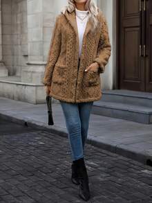 Women'S Elegant Hooded Faux Fur Jacket - Cozy Geometric Textured Design, Brown, Long Sleeve With Pockets, Button-Up Front, Perfect For Fall/Winter, Autumn Winter Apparel | Hooded Jacket | Durable Outerwear,Hooded Button-Front Coat (Soft Blue/Black/Beige/Brown),Cozy Mid-Length Hooded Jacket (Versatile Neutral & Pastel Tones,Christmas Outfit Women,Jackets For Women - 咖色 - 查看 5