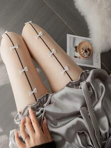 1Pc Sweet Lolita Style Bow Decorated Pantyhose Thin Sheer Breathable Mesh Stockings Soft Texture Elegant Cute Daily Party Outfit Fashion Decorative Women's Hosiery - 黑色 - 查看 5