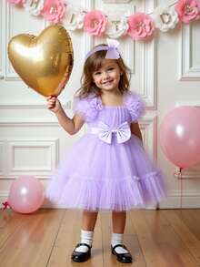 1件女婴荷叶边薄纱蝴蝶结可爱一周岁生日派对连衣裙，适合花童婚礼庆典，附赠发带 - 淡紫色 - 查看 5