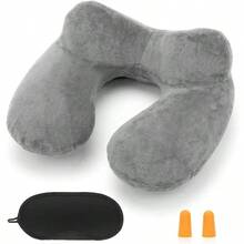 Inflatable Travel Pillow Airplane Inflatable Neck Pillow Traveling With Soft Velvet Washable Cover Sleeping, Airplane, Train, Car, Office, Contoured Eye Masks, Earplugs - 灰色 - 查看 2
