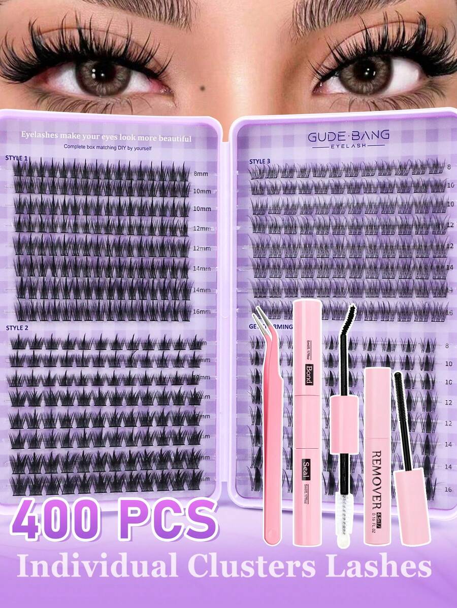 400pcs Individual Eyelash Clusters, Set Includes Lashes, Glue, Makeup Remover And Tools, Allows You To Easily Create Professional-Level Lash Effects At Home. Professional Lash Extension Kit, Easy DIY Salon-Quality Lashes At Home. Set Contains Faux Mink Lashes, Strong Adhesive, Makeup Remover And Precise Tools, Ideal For DIY Lash Extensions. - Multicolor - View 1