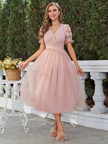 Simplee 女士新款春夏蕾丝撞色网纱浪漫优雅连衣裙，婚纱，派对礼服，Fairycore - 粉色 - 查看 5