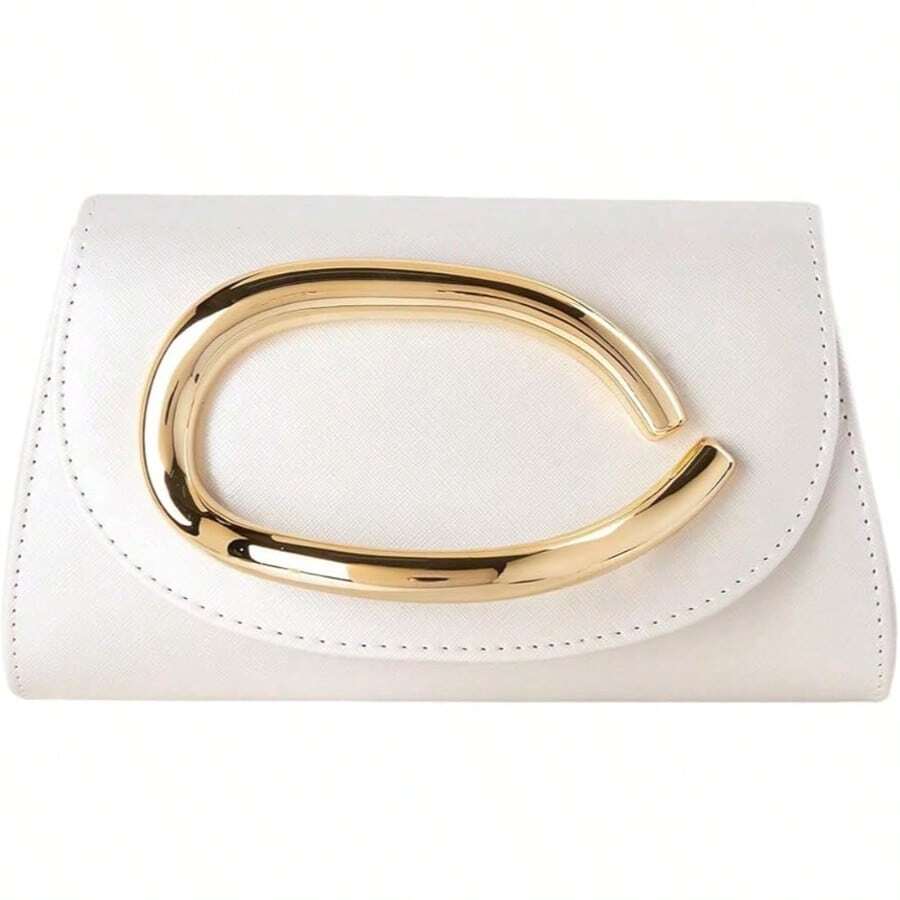 1pc Stylish EU/US Metallic Decorated Mini Box Handbag, High-End Shiny Metal Bar Clutch Purse, Elegant Luxury Evening Dress Party Bag, Leather Design Prom Dancing Clutch/Wedding Ceremony Handbag With Metal Chain - 白色 - 查看 1