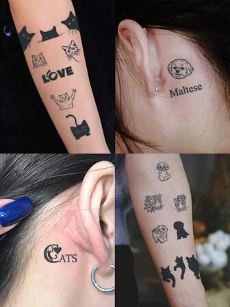 1Pc Tattoo Fake Cat Temporary Tattoos Semi Permanent Tattoo Cute Pet Dog Animal Y2K Letter Waterproof Sweatproof Last For 1-2 Weeks Realistic Herbal Juice Anti-Friction Non-Reflective Black For Woman And Men Tattoo Stickers For Arm, Chest, Leg, Abdomen, Waist, Finger, Neck, Spine, Modernist Body Art