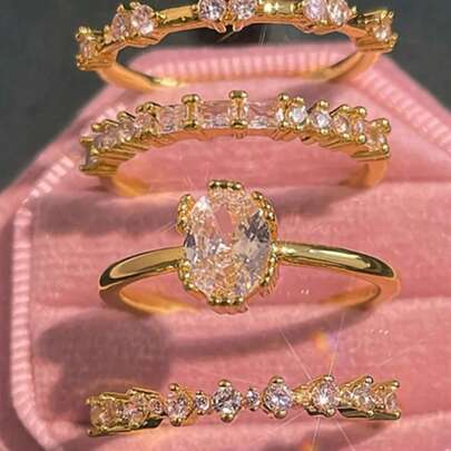 Set de 4 anillos de aleación con baño de oro, elegantes y versátiles, con incrustaciones de cristales, adecuados como regalo para la novia, anillos de boda/compromiso