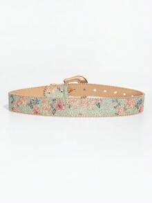 1条女士复古奢华雕花牛头星形金属扣浅绿色花卉印花串珠PU皮革腰带 - 雕刻牛頭扣淺綠色版畫 - 查看 5