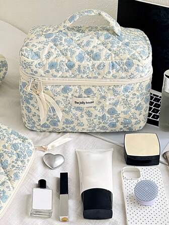 Blommig sminkväska med stor kapacitet - Bärbar handhållen necessär och kosmetikapåse, multifunktionell resevänlig arrangör för toalettartiklar och skönhetsprodukter