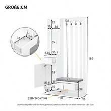 Flurgarderobe mit gepolsterter Aufbewahrungsbank, multifunktionaler Flur-Schuhschrank mit Stecktafel, moderno Garderobe mit 4 Haken für Eingangsbereich, Waschküche, Branco, H180/B100/T35 cm - Branco - Ver 8