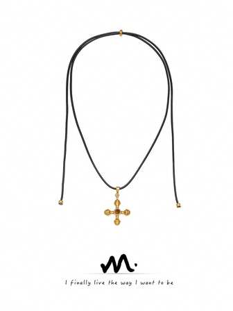 MiDuoDuo 1pc Natural Tiger Eye Stone Cross Pendant Long Sweater Chain, Fashion Minimalist Adjustable Length Leather Cord Necklace, Versatile Women Accessory