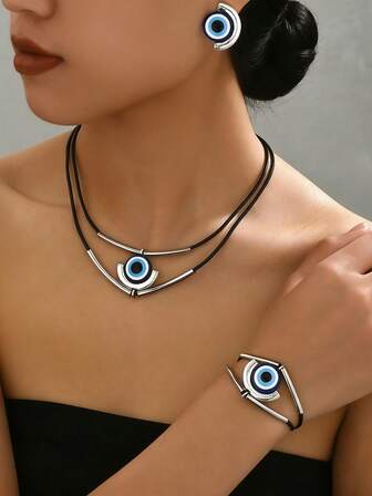 3pcs/Set Fashion High-End Demon Eye Black Cord Pendant Necklace, Bracelet, Earrings Jewelry Set, Exaggerated Personalized Jewelry Set For Women, Daily Matching, Party, Gift