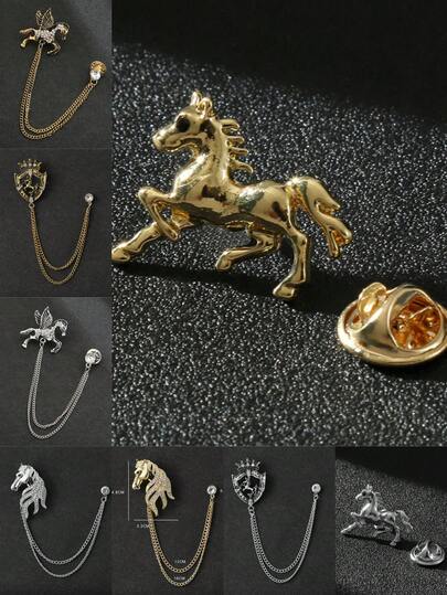 1枚复古金属马形胸针，动物系列，带流苏链，寓意“成功”，西装配饰，男士珠宝，适合送礼和日常佩戴，现货韩版男士流苏胸针，复古西装配饰