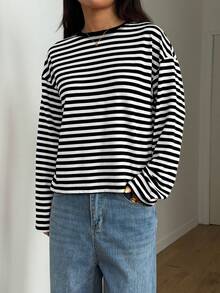 Women's Round Neck Drop Shoulder Long Sleeve Striped Contrast Ribbed Casual T-Shirt - Black and White - View 8