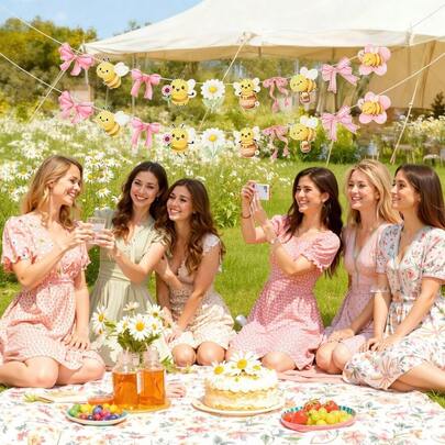 甜美如蜜蜂的迎婴派对横幅，双层粉彩水彩蜜蜂雏菊蝴蝶结花环，春季蜜蜂主题派对装饰，适用于性别揭晓派对、生日派对、复活节派对、花园派对装饰