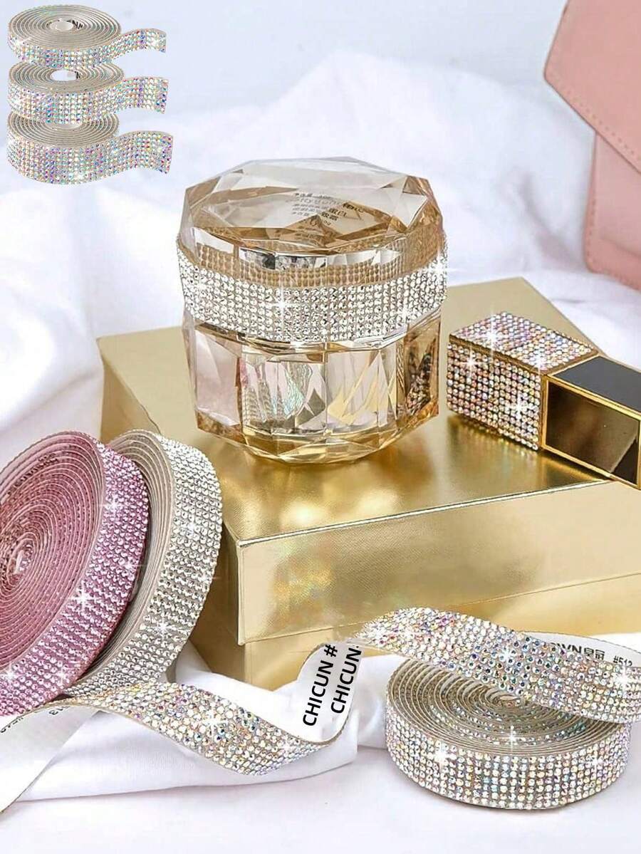1 Yards Self-Adhesive Sparkling Crystal Rhinestone Diamond Ribbon, Christmas Decoration Rhinestone Glitter Sticker, DIY Car Computer Makeup Table Crafts, Wedding Party Decoration Sticker Packaging Roll, 2mm Rhinestone Production Process(Red/Silver/Pink/Golden).Valentine's Day Gift Decorations