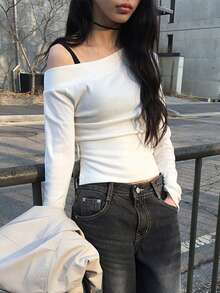 不对称领纽扣修身长袖T恤上衣，韩版 - 白色 - 查看 6