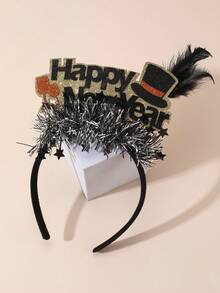 1pc Women's Headband With Gold, Silver, Black Feather, Shiny Ribbons, 2026 New Year Decoration Happy New Year Party Headpiece, Suitable For New Year Ball, Gathering, Party Matching, Hair Band, Hair Hoop - Black - View 2