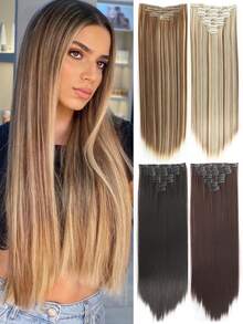 Clip In Hair Extensions 7 Pieces/Set 16 Clip Hair Extensions Black Long Straight Hair Natural Gradual Change Wig Heat Resistant Fiber Synthetic Hairpieces For Women Girls Daily Use - Multicolor - View 1