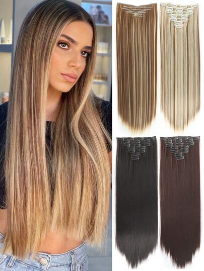 Clip In Hair Extensions 7 Pieces/Set 16 Clip Hair Extensions Black Long Straight Hair Natural Gradual Change Wig Heat Resistant Fiber Synthetic Hairpieces For Women Girls Daily Use