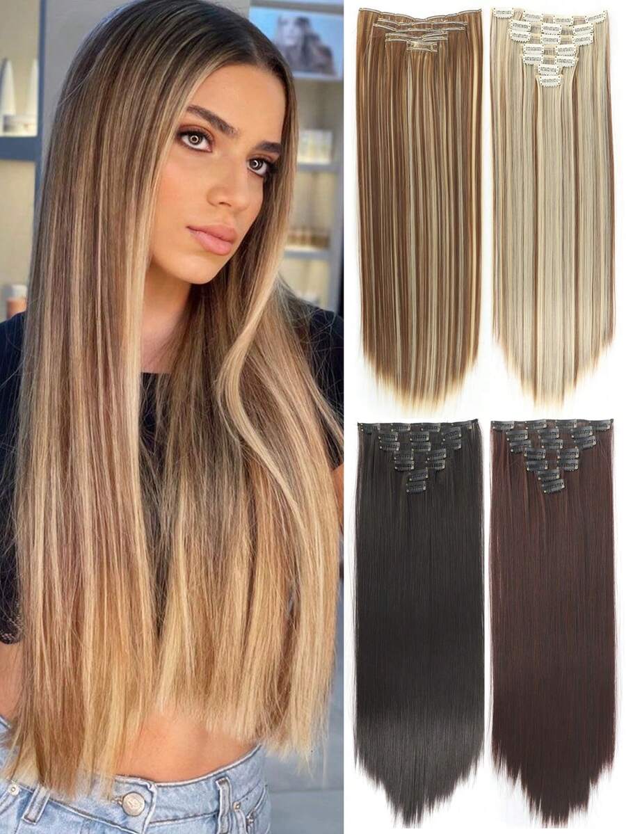 Clip In Hair Extensions 7 Pieces/Set 16 Clip Hair Extensions Black Long Straight Hair Natural Gradual Change Wig Heat Resistant Fiber Synthetic Hairpieces For Women Girls Daily Use - Multicolor - View 1