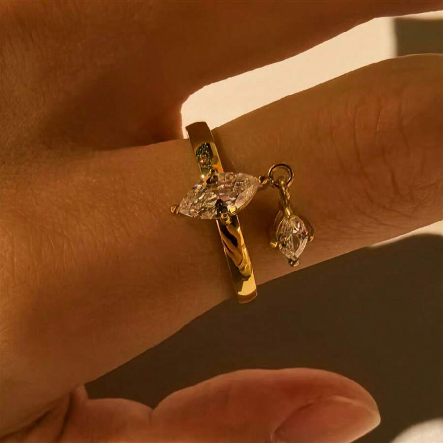 VKHK 1枚奢华18K镀金不锈钢锆石装饰戒指，适合女性婚礼佩戴及作为礼物 - 鑽戒 - 查看 1