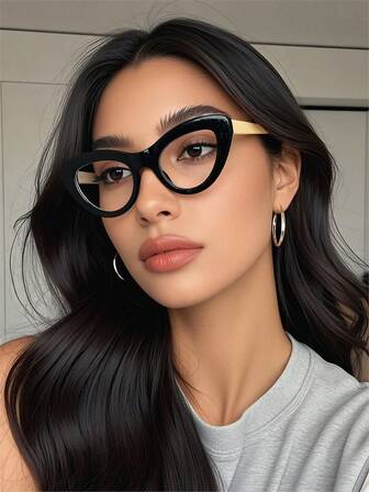 Women's Cat-Eye Black Plastic Frame With Metal Temples Fashion Glasses - Non-Prescription, Ideal For Computer Reading, Gaming, TV & Mobile Use