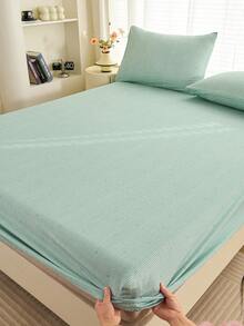 1件浅绿色条纹心形几何图案床笠床垫保护套，床垫罩，床单套装，柔软透气，适用于各种尺寸的床——单人床、双人床、特大号床、大号床，深口袋设计，最大可达11.8英寸，家用纺织品，适合学校、宿舍、床铺、床罩，透气防皱，提升睡眠质量，可机洗 - 淡綠 - 查看 2