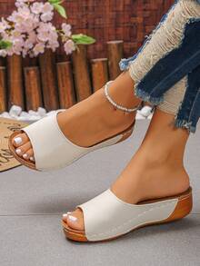 Plus Size 36-45 Summer Fashion Casual Beige Metal Buckle Wedge Heel Sandals, Comfortable Roman Outdoor Slip-On Slippers, Versatile Women Platform Thick Bottom Sandals - Premium Beige PU - View 4
