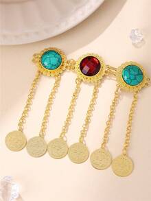 1pc Middle Eastern Style Button, Inlaid Turquoise, Vintage Palace Style, Coin-Shaped Tassel, Inlaid On Clothing Closure, Clothing Accessory, Button, Women Brooch
