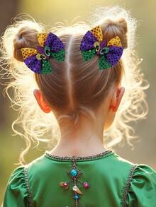 2pcs Mardi Gras Sequins Hair Bows For Girls ,Glitter Fleur-De-Lis Hair Clips ,Sparkly Purple/Green/Gold Barrettes ,Alligator Clips ,Festival Party Hair Accessories For Girls Teens - Multicolor - View 2
